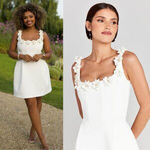 Nadine Merabi Cindy Mini Dress White Flower Applique Rosette Square Neck Size XL